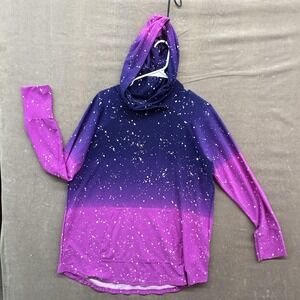 Hoodie Womens XL Purple Pink Ombre Splatter Cowl Neck Kangaroo Pocket Galaxy